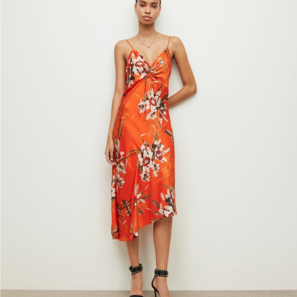 All Saints Floral Orange Midi Dress